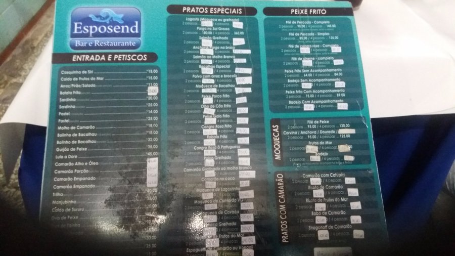 Parte do cardápio do Esposend.