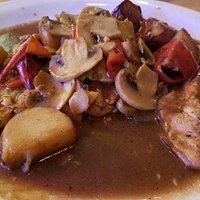 Chicken Balsamic loaded with mushrooms and vinegar peppers with roasted potatoes