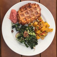 Brioche Waffles with rhubarb spread, kale/Brussels salad, beet/bean salad (like a big ol' fresh