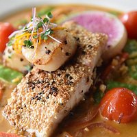 Sesame corvina and Thai curry