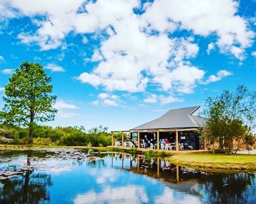 Winery and vineyard near water.