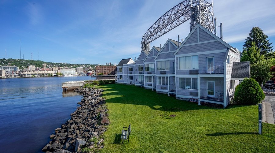 The South Pier Inn sits at the water's edge, just feet from the Lift Bridge on Duluth's Park Poi