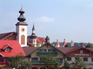 Bavarian Inn Lodge in Frankenmuth, image may contain: Clock Tower, Tower, Building, Housing