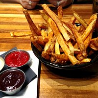 Large fries with dipping sauces