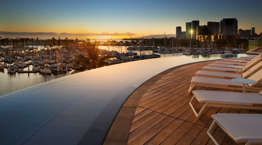 Infinity-edge pool at sunset