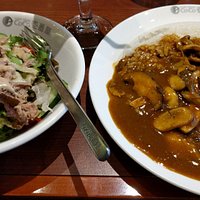Tuna salad and curry mushroom over rice.