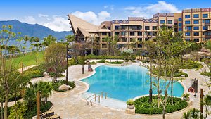 Disney Explorers Lodge in Hong Kong, image may contain: Hotel, Resort, Villa, Pool