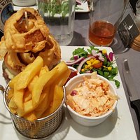 Burger stack and amazing onion rings!