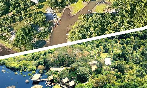 Imagem aérea das diferentes estações do Rio Negro no Tariri. 