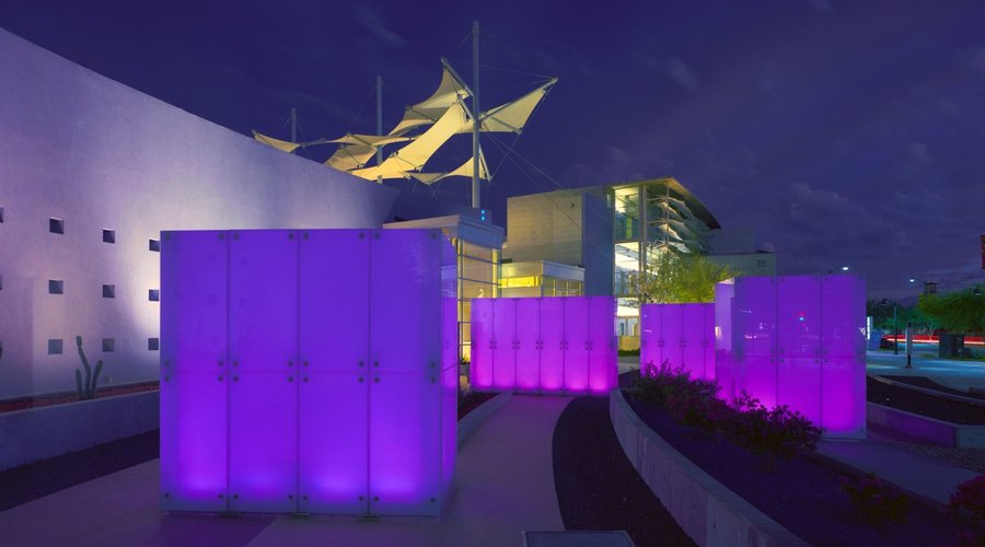 Mesa Arts Center's light boxes at night. 