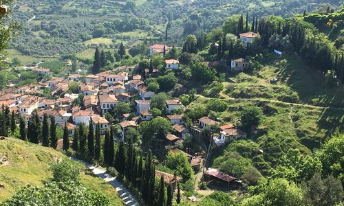Orman yolunda yürüyüşten Şirince manzarası