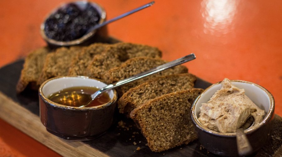 Spiced Spent Grain Mini Loaf with Local Preserves and Wildflower Honey.