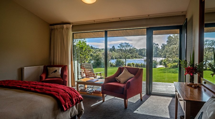 Riverview Rooms are luxuriously appointed with expansive views down the Moeraki River rapids.