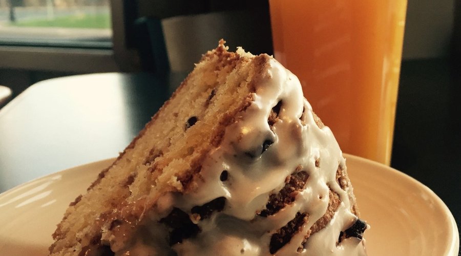 Made-from-scratch Sour Cream Coffee Cake and fresh squeezed orange juice