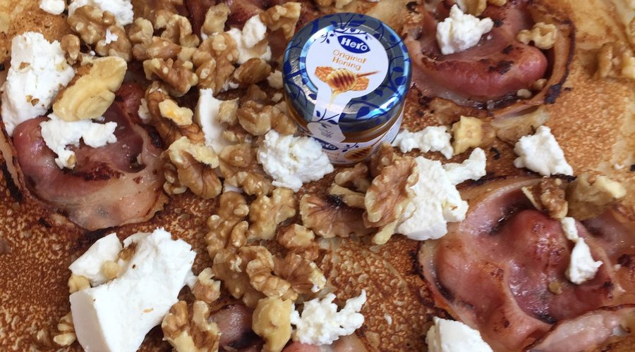 Weird but HEAVENLY combination - bacon, walnuts, honey, goat cheese