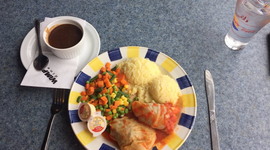 Cabbage rolls, veg and two scoops mashed potatoes