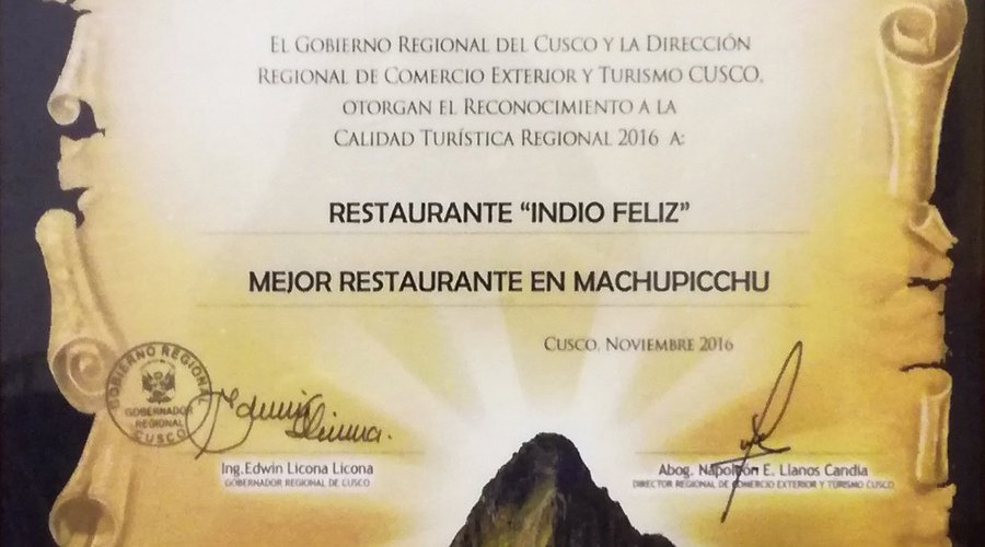 PREMIO MEJOR RESTAURANTE EN MACHUPICCHU 2016