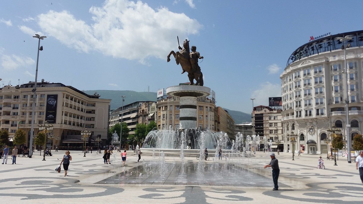 Skopje - Macedonia Square with the massive 'Warrior on Horse' statue and surrounding neo-classical buildings