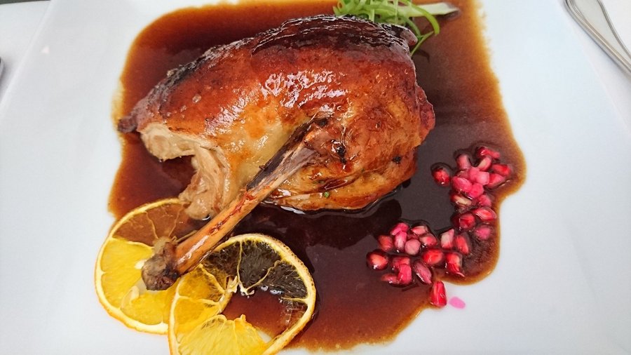 The classic French dish of tender roasted duck, boned & served with an orange glaze