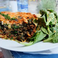 Beef Lasagna with bulgur and spinach salads