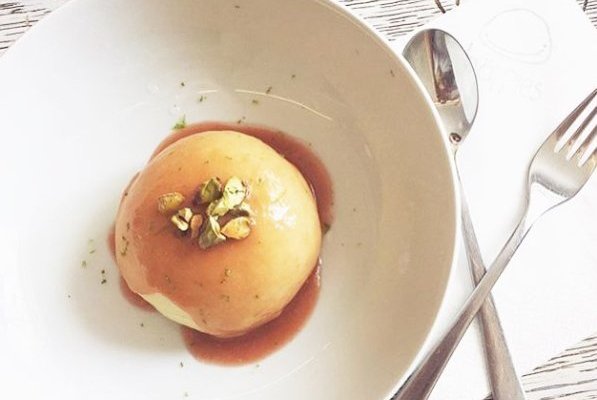 "frauke" filled with white chocolate & fresh mint, swimming in rhubarb-lime sauce and pistaccios