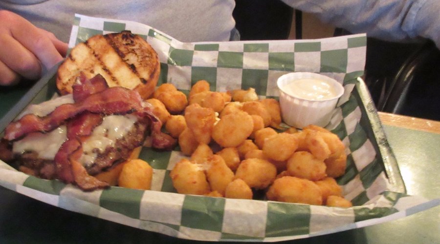 Bacon cheese burger and deep-fried cheese curds.