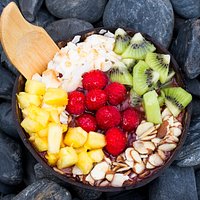 Coastal Acai Bowl. Acai, almonds, toasted coconut, raspberries, pineapple, kiwi