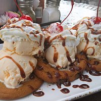OMG! Homemade choco.chip cookies,icecream,whippedcream,caramel,chocolate, cherries.YUM!