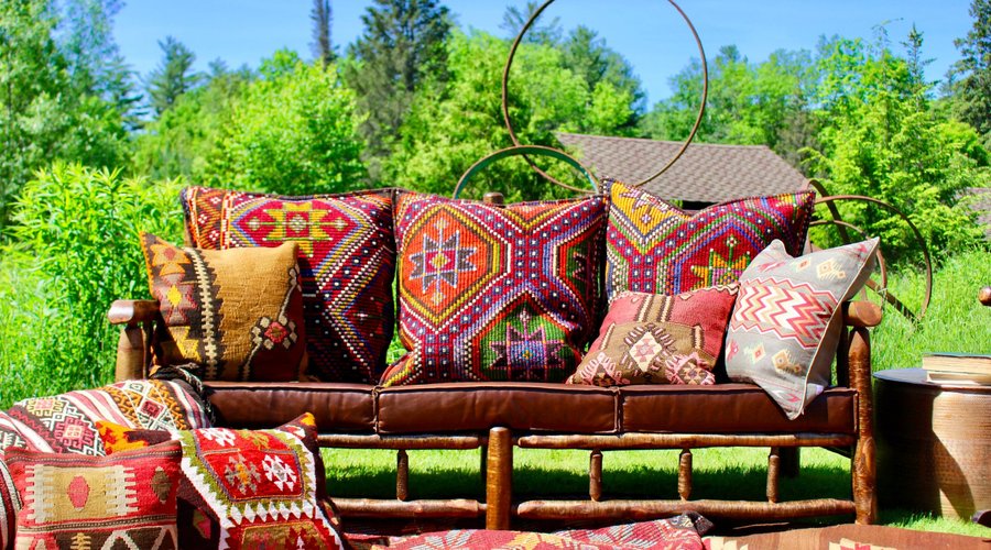 Our Handcrafted East Hill Sofa With Leather Seats and Kilim Back Cushions in Yellow Birch