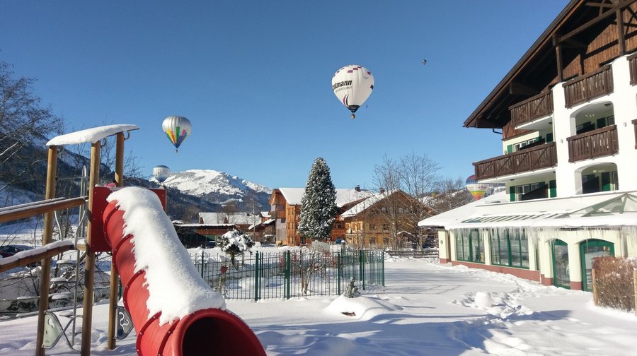 Winterbild vom Garten, im Hontergrund ein Heißluftballon