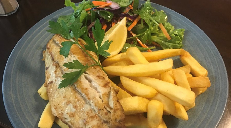 Grilled Barramundi with house salad and fish shop chips