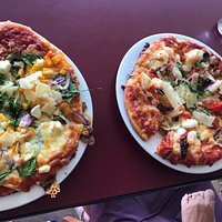 Garlic prawn pizza, vegetarian pizza.