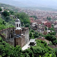 View of the church with Prizren in the background.