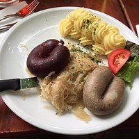 Black pudding, liver sausage, mashed potatoes and sauerkraut