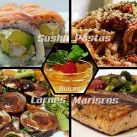collage: sushi, pastas, filete de cerdo relleno y salmón a la plancha.