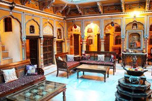 Hotel Radhika Haveli Mandawa in Mandawa, image may contain: Couch, Living Room, Indoors, Home Decor