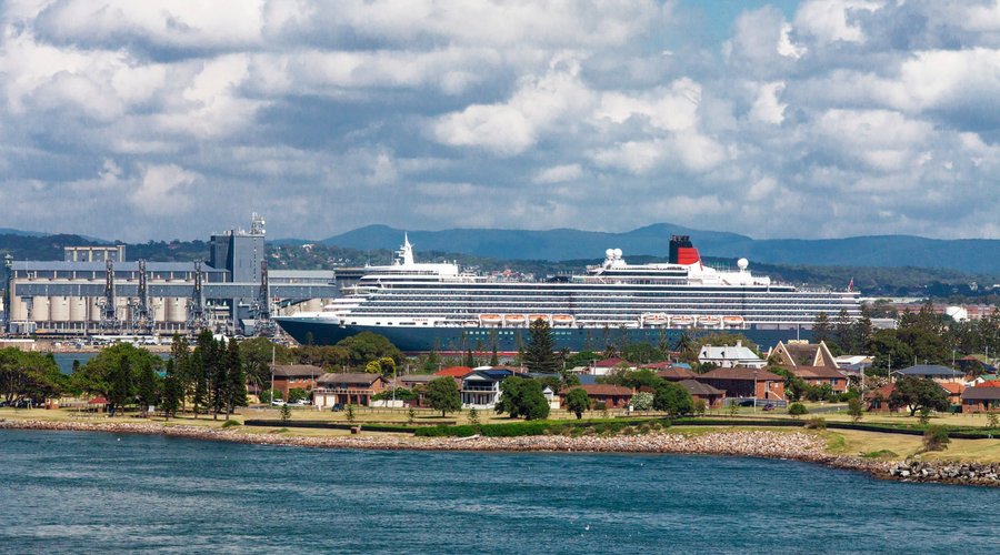 The view of Newcastle Harbour, with the Queen Elizabeth Cruise Liner in port