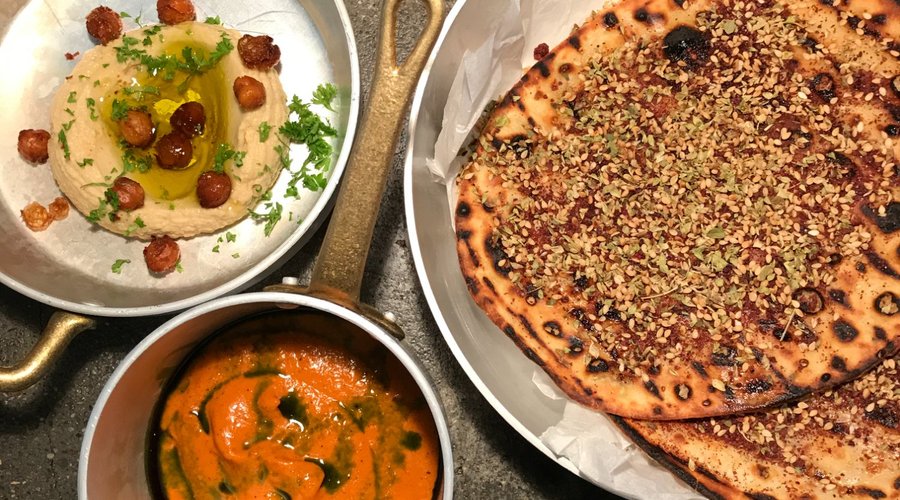 grilled flatbread za´star with hummus and almond red pepper dip