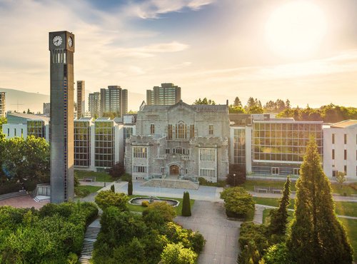 The Irving K. Barber Learning Centre and the Ladner Clocktower at sunrise.