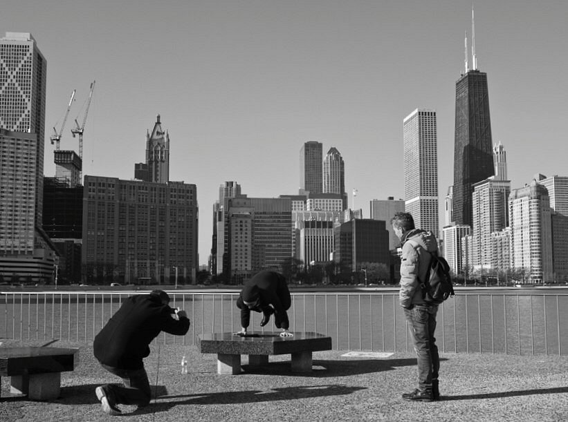 Chicago Photography Black and White: Cubs FLY-THE-W Message in Chicago  Skyline