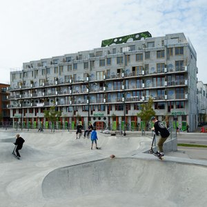 Northern Europe's biggest skate park across the street.