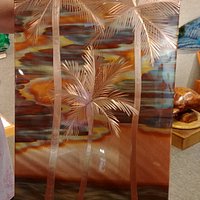 3 Palms Copper art by Genevieve Golan, Pepe Copper Creations - under bright lighting