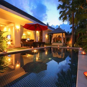 Pool area with sun deck and gazebo