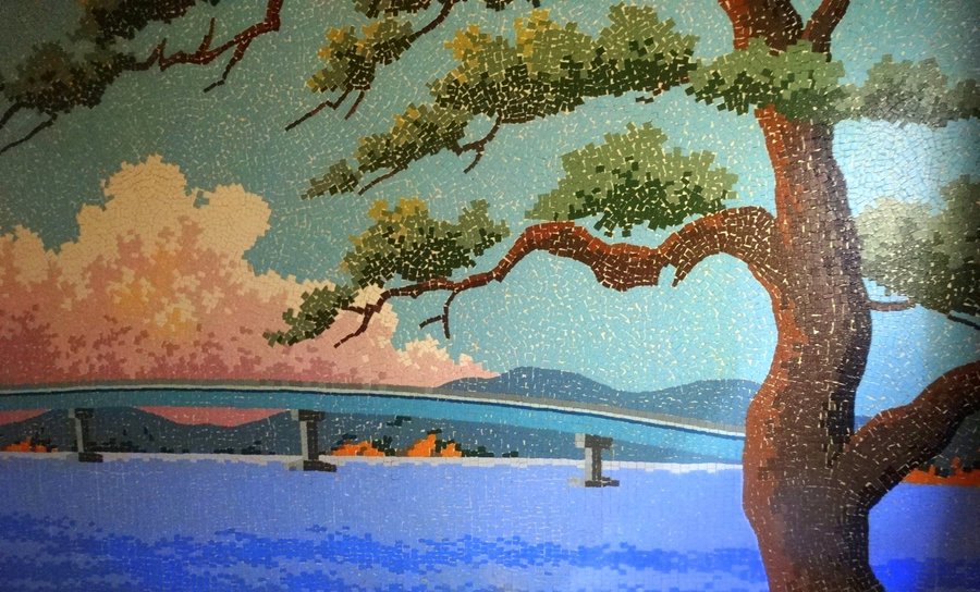 温泉の壁面は、タイルで「湖山池」が描かれています。