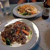 Ample, tasty, fried rice and noodles with Chicken
