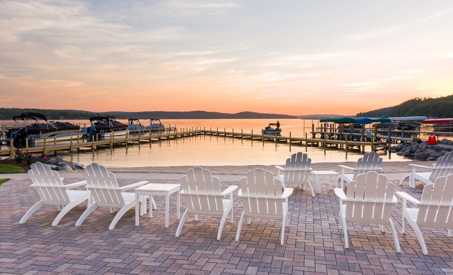 Sunset over the private beach and patio area 