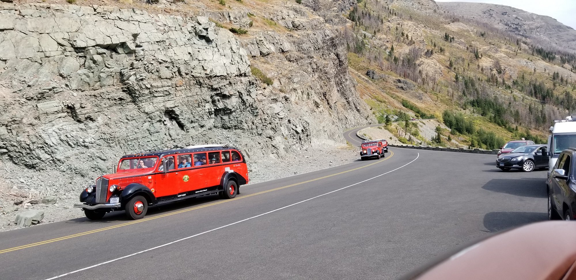 red tour bus glacier