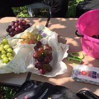 ぶどう園の中のテーブルの上に取ってきたぶどうを並べました。私物のウエットティッシュは必需品です。