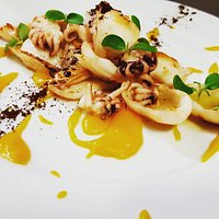 Seppioline scottare, rosmarino e zenzero, crema di zucca e polvere di caffè!