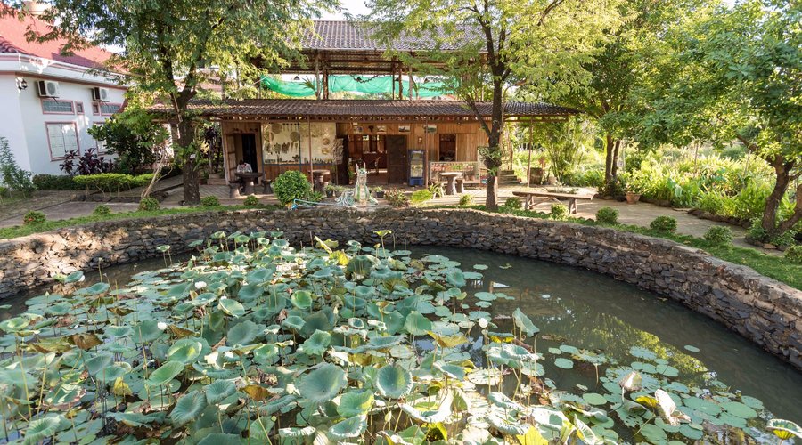 The pond and dining area as well as reception.